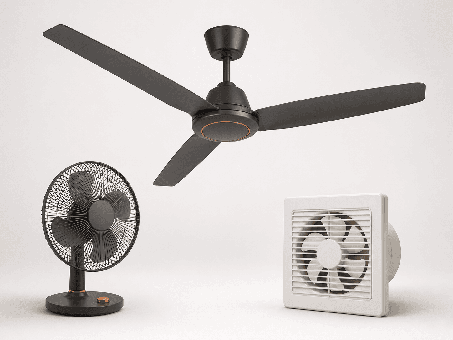 Ceiling, table and exhaust fans arranged for product display